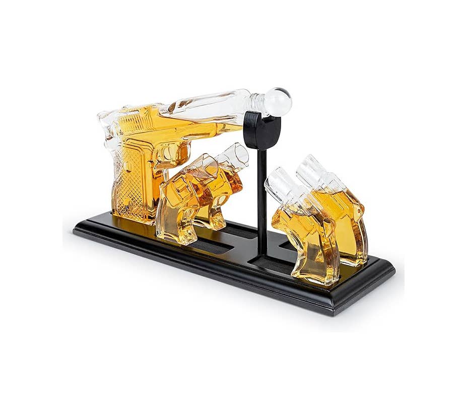 Whiskey Gun Decanter & Shot Glasses Gift Set - Mahogany Tray