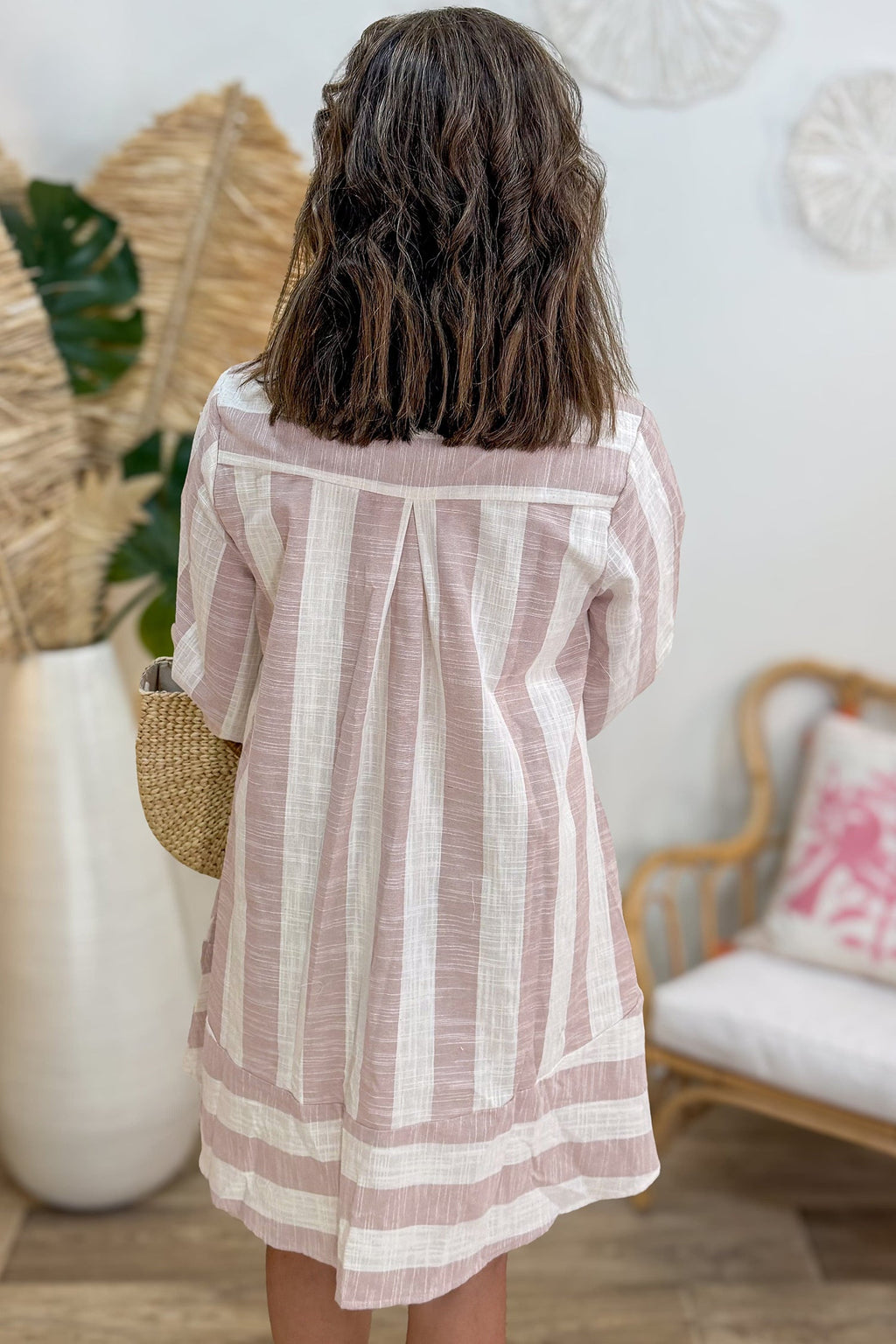 Khaki Stripe Striped Button-Up Three-Quarter Sleeve Short Shift Dress