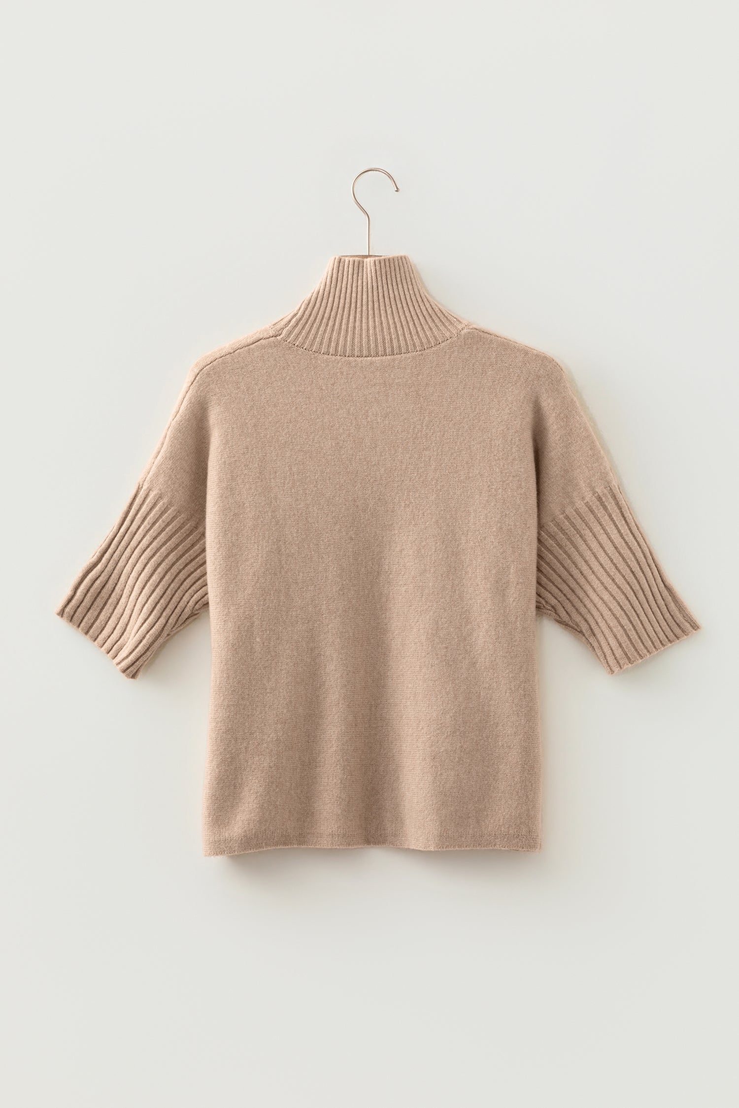 Beige Ribbed Trim High Neck Short Sleeve Casual Sweater