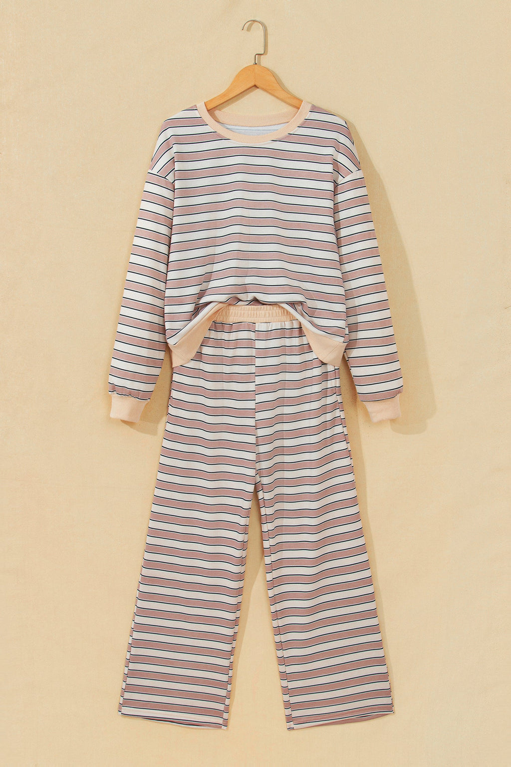 Khaki Stripe Contrast Trim Long Sleeve Top Elastic Waist Pants Set