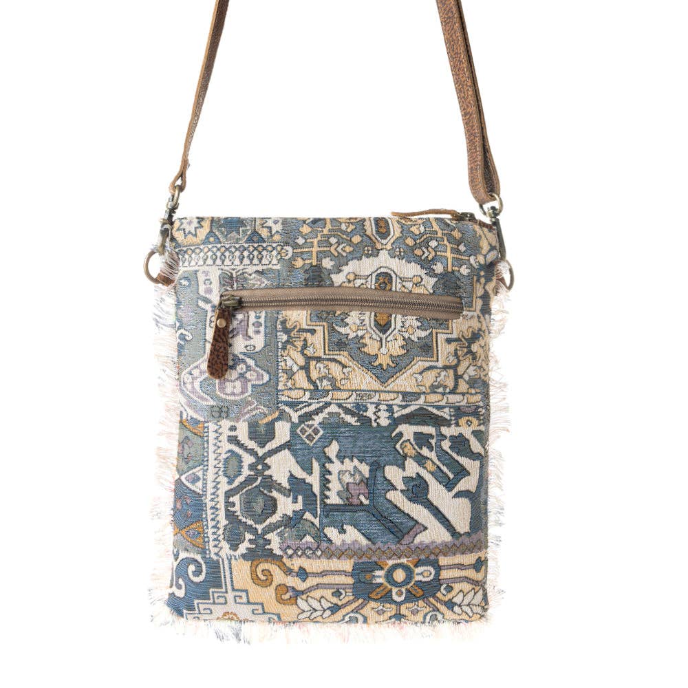 Loom Tapestry vintage crossbody Myra Bag for Women in indigo with fringe detail