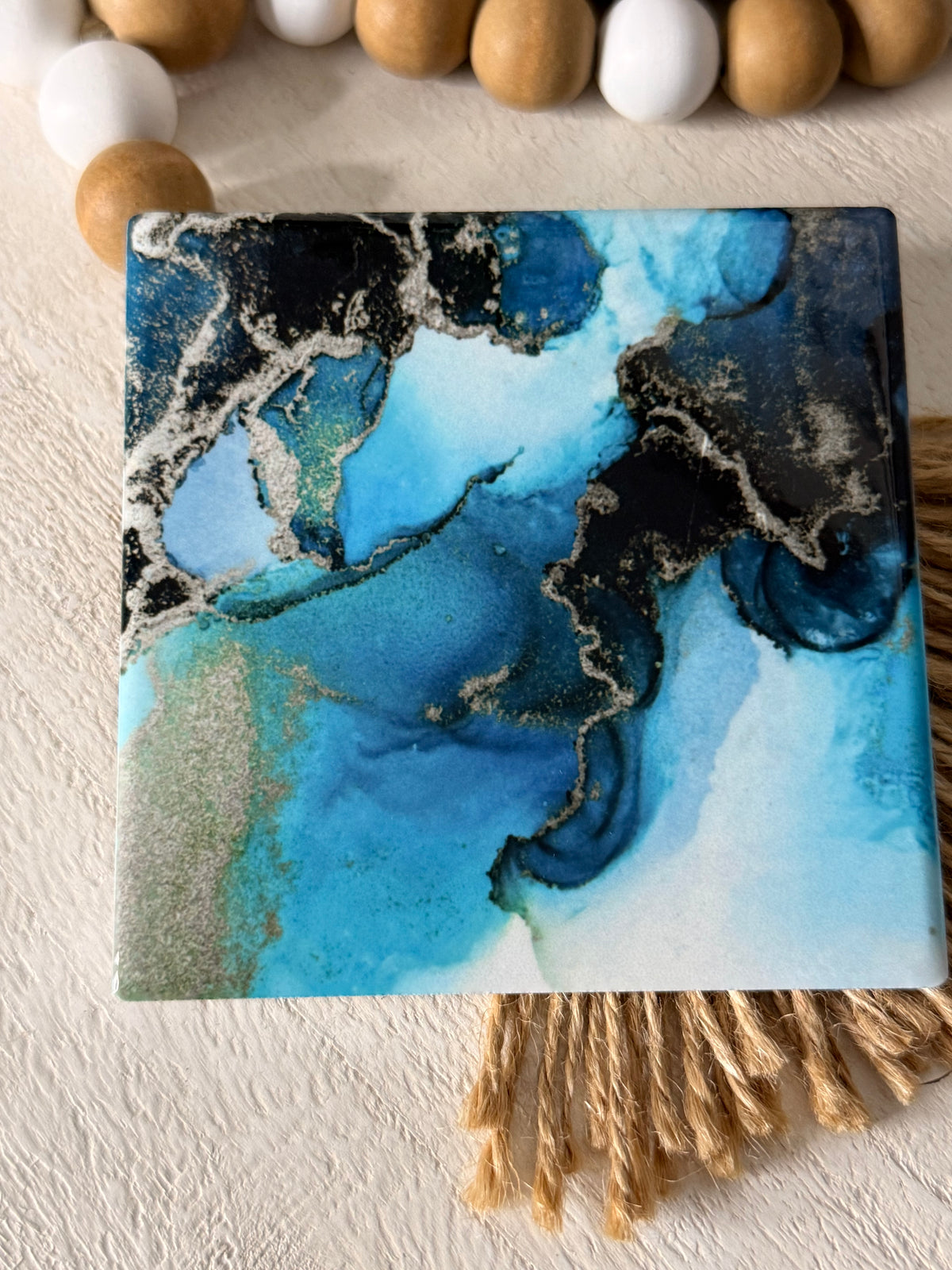 Faux Blue Gold Marble Ceramic Coaster