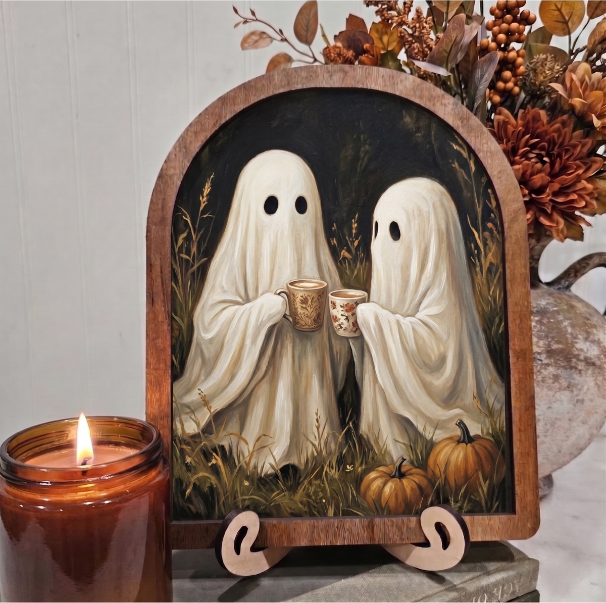 Arch Latte Coffee Ghosts Framed Art with Stands Halloween Pumpkin Spice