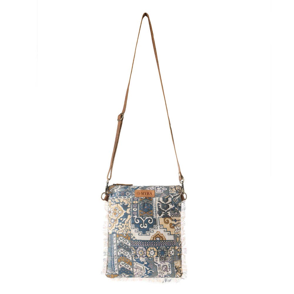 Loom Tapestry vintage crossbody Myra Bag for Women in indigo with fringe detail