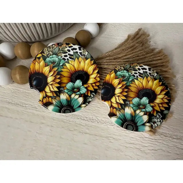 Sunflowers & Leopard Ceramic Car Coaster