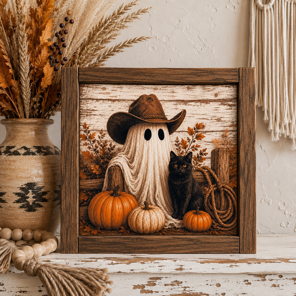 Halloween Cute spooky Cowboy Ghost Framed Fall Wood Sign