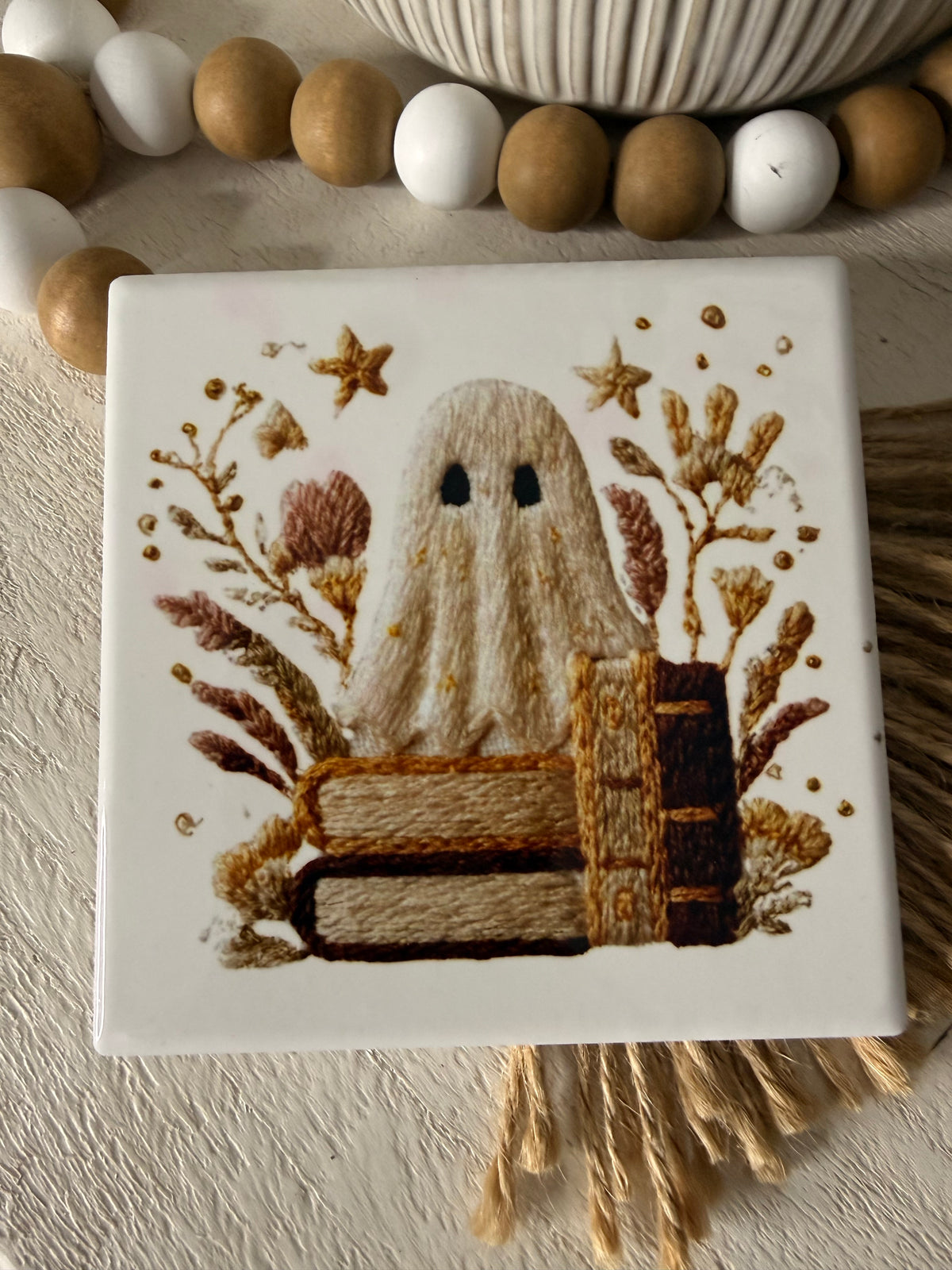 Boho Yarn Ghost & Books Ceramic Coaster