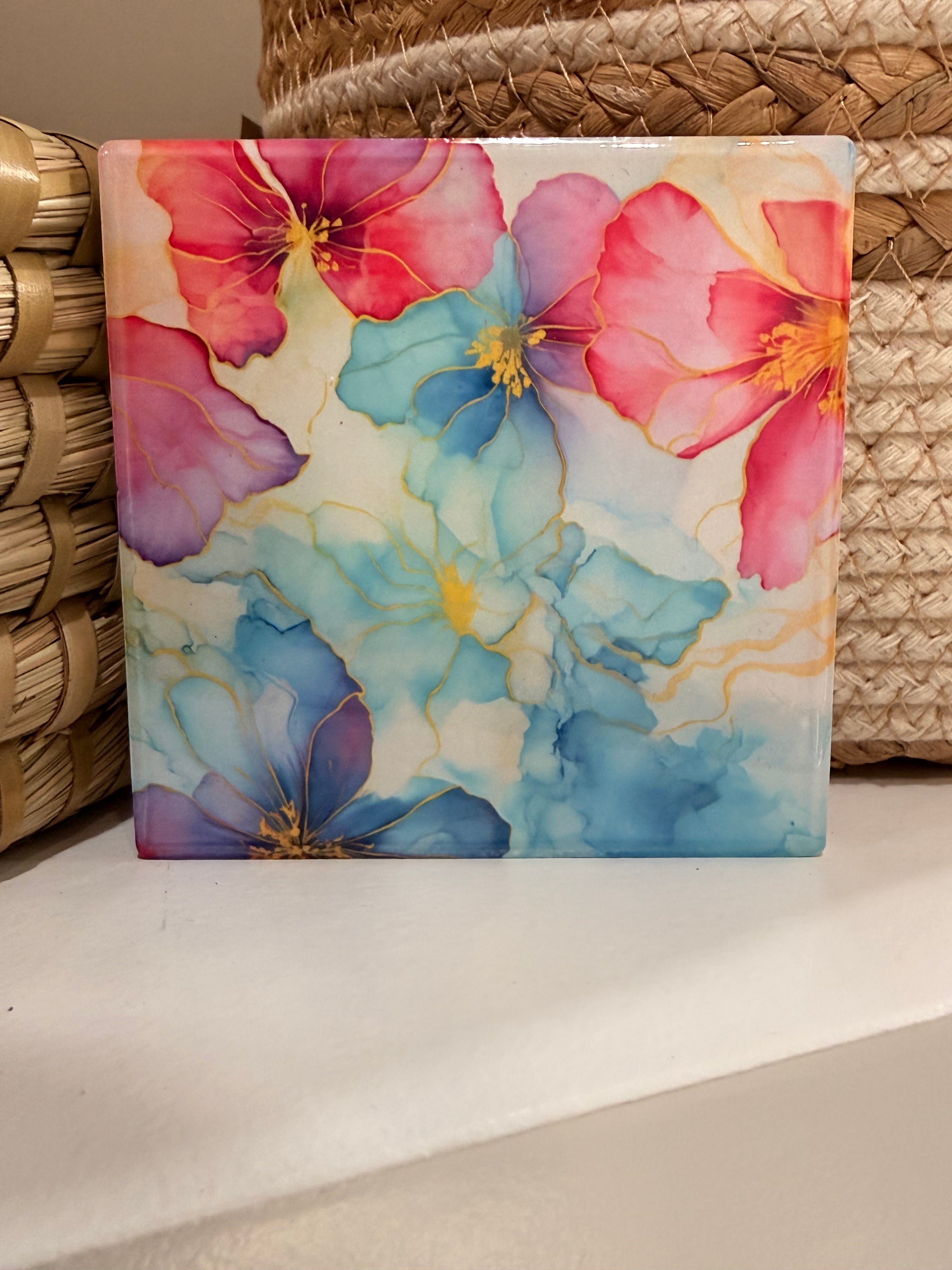 Watercolor Flowers Ceramic Coaster