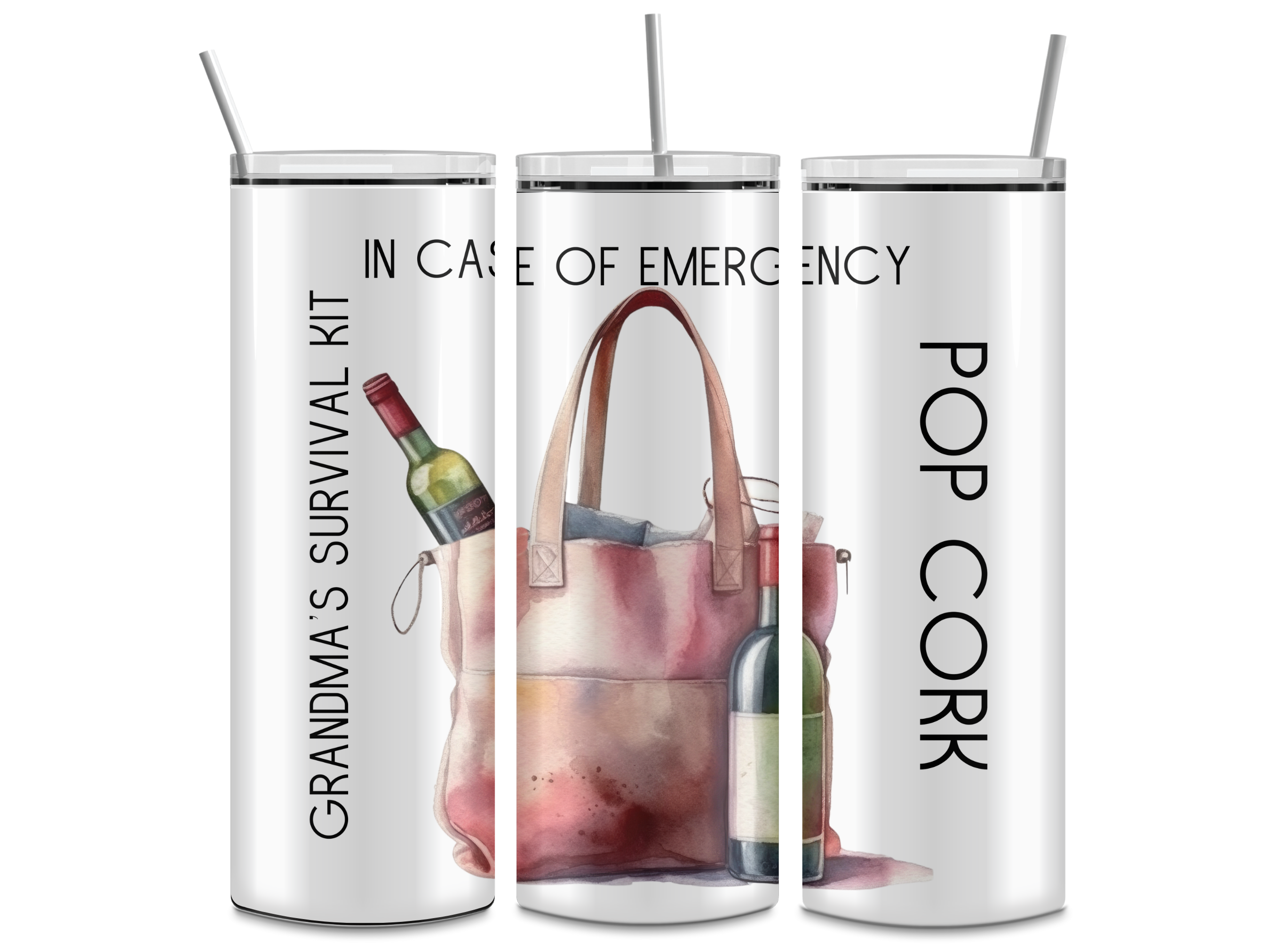 Grandma's Survival Wine Pop Cork 20oz Skinny Tumbler