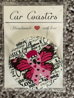 Butterfly Breast Cancer Ribbon Car Coaster