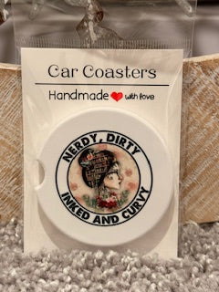 Nerdy Dirty Inked & Curvy Girl with Books Car Coaster