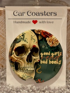Good Girls Read Bad Books Skull Ceramic Car Coaster