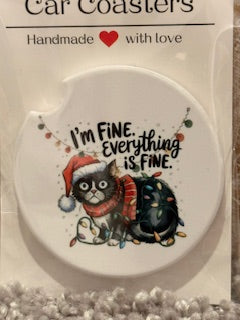 Christmas Cat I'm Fine Ceramic Car Coaster