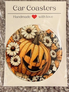 Checkered Jack-o-Lantern Ceramic Car Coaster