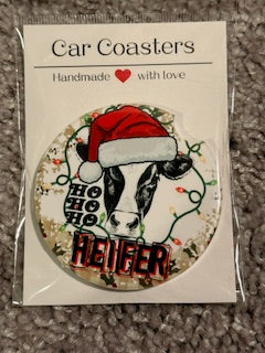 HO HO HO Heifer Cow Christmas Ceramic Car Coaster