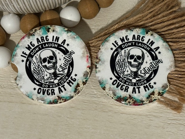 Skeleton Don't Laugh Ceramic Car Coaster