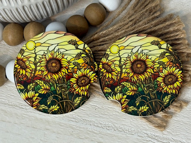 Stained Glass Sunflowers Ceramic Car Coaster