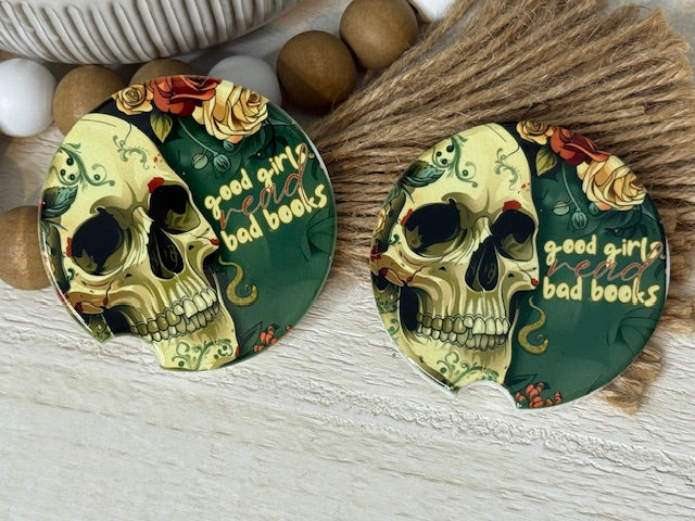 Good Girls Read Bad Books Skull Ceramic Car Coaster