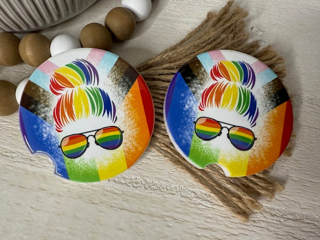 Messy Bun Pride Ceramic Car Coaster