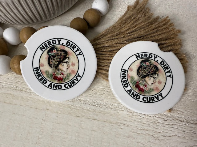 Nerdy Dirty Inked & Curvy Girl with Books Car Coaster