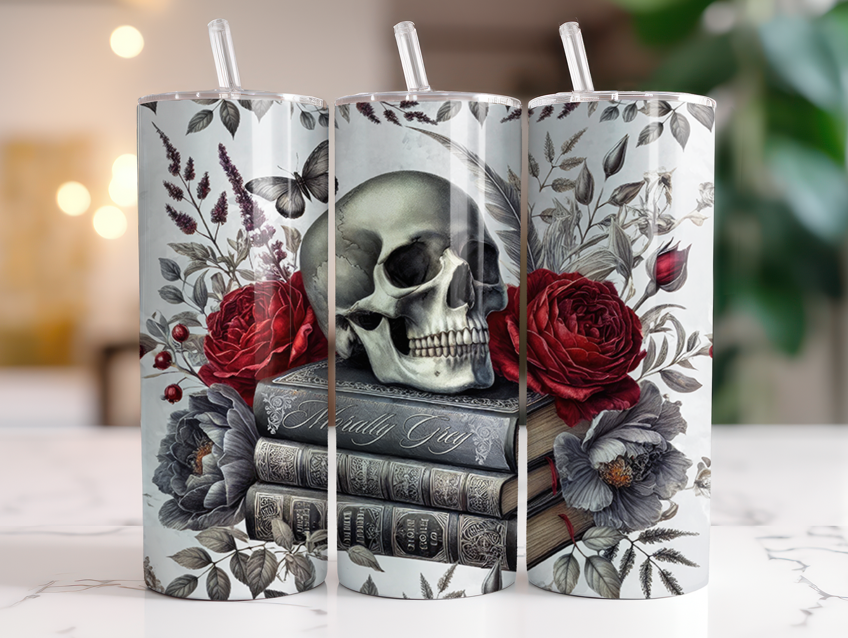 Morally Grey Books & Skull 20oz Skinny Tumbler