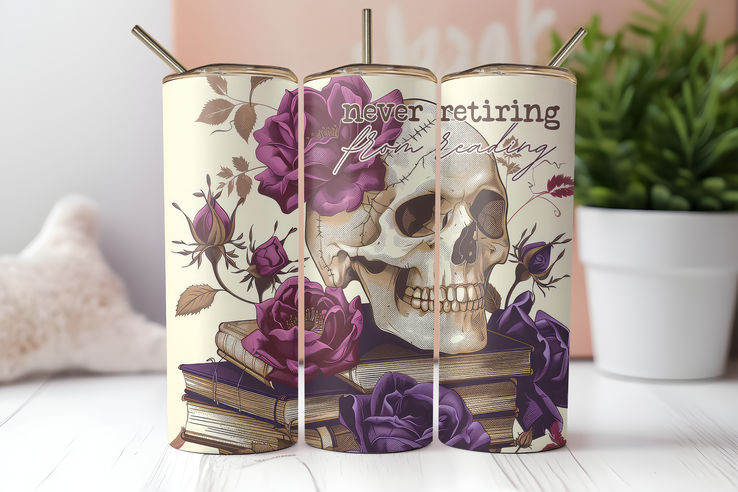 Never Retire from Reading - Skull & Roses 20oz Skinny Tumbler