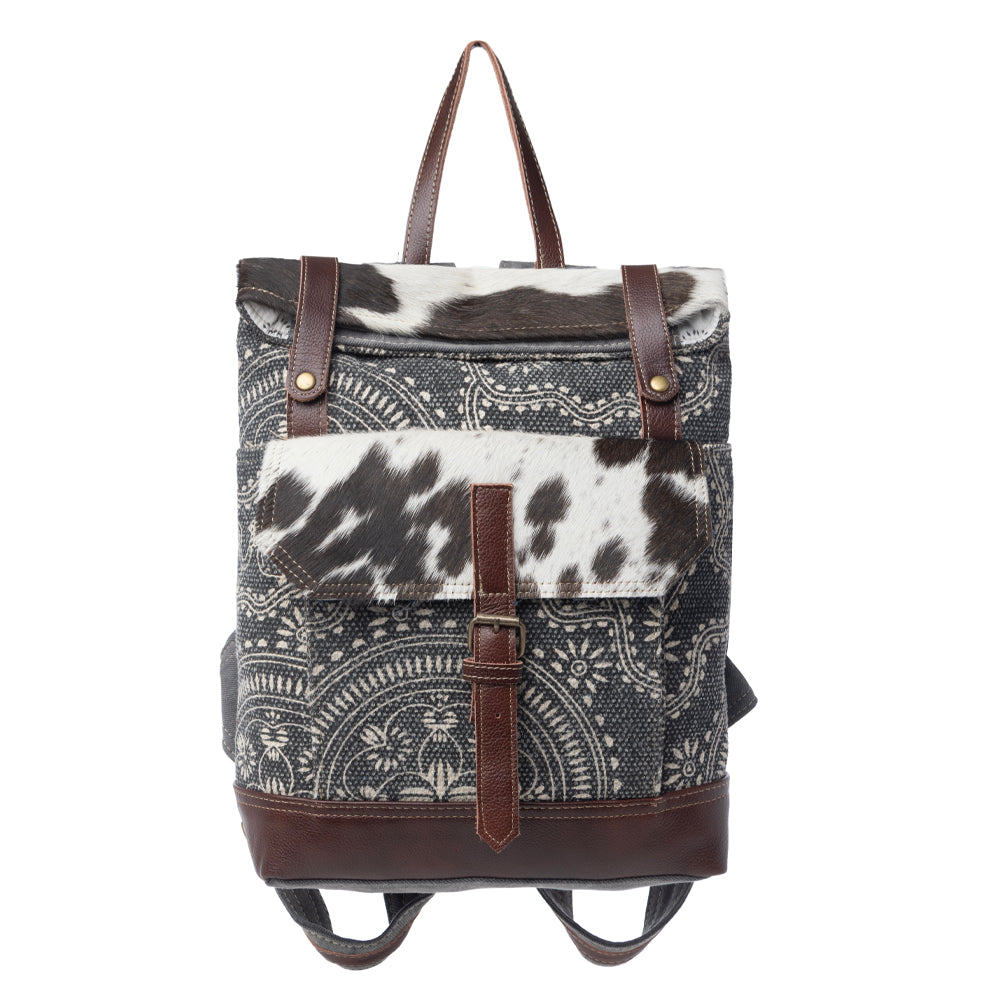 Myra Vibe with Me Hairon Canvas Backpack for Women Mandala Print, Leather Straps for Boho Travel & Western Day Trips