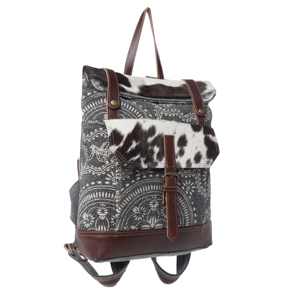 Myra Vibe with Me Hairon Canvas Backpack for Women Mandala Print, Leather Straps for Boho Travel & Western Day Trips