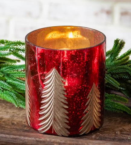 6" Red & Gold Etched Tree Candle Holder