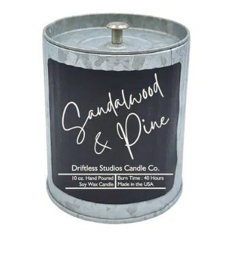 Sandalwood & Pine Scented Candle In Rustic Tin Home Decor
