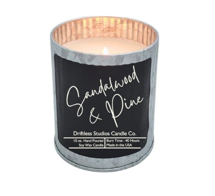 Sandalwood & Pine Scented Candle In Rustic Tin Home Decor