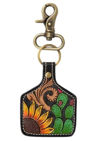 Prickly Pear Blooms Hand Tooled Leather Key Fob Myra