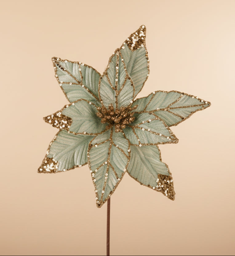 Mint Green and Champagne Glitter Poinsettia Pick