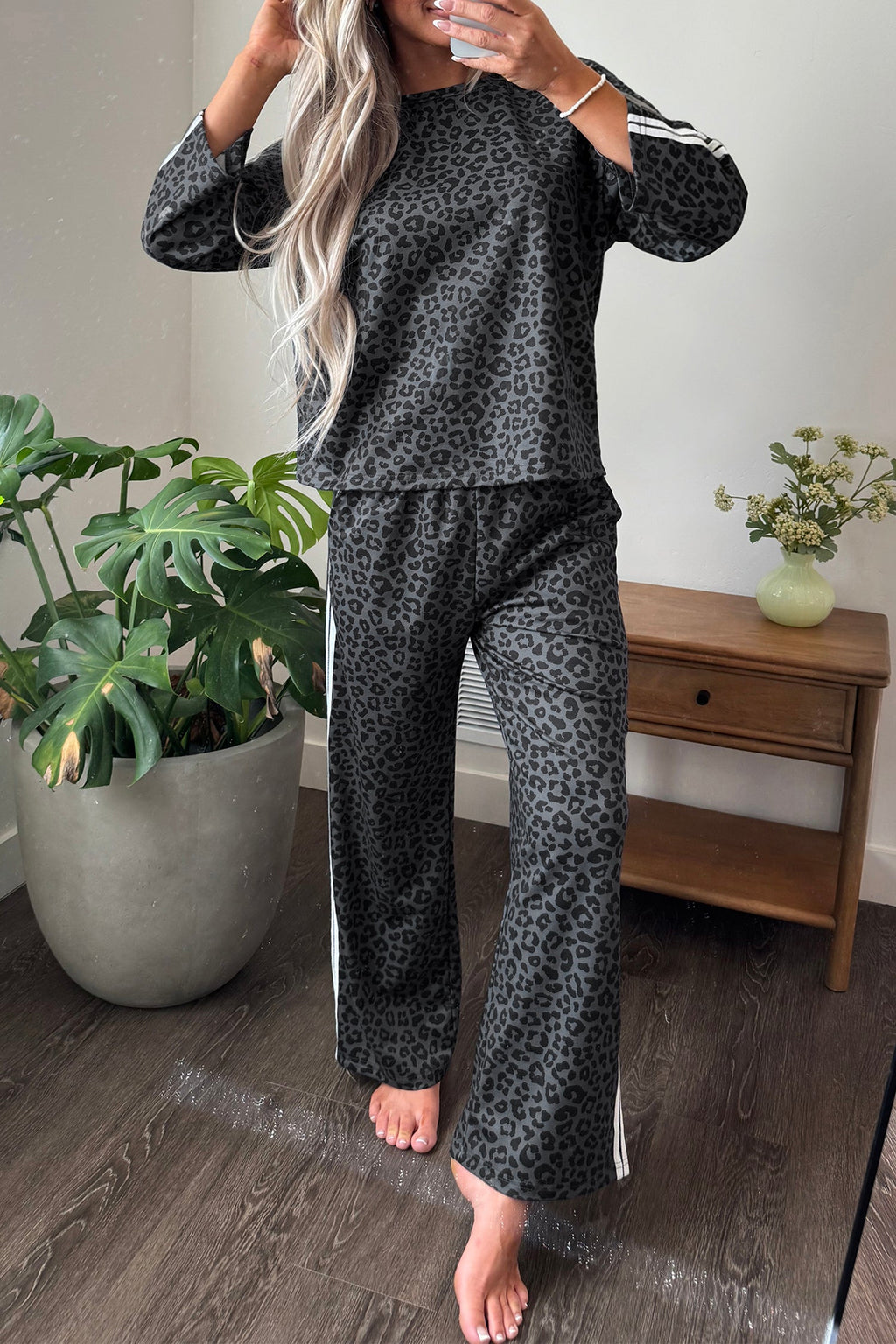 Gray Leopard Print Varsity Striped Detail 3/4 Sleeve Top Shift Pant Set
