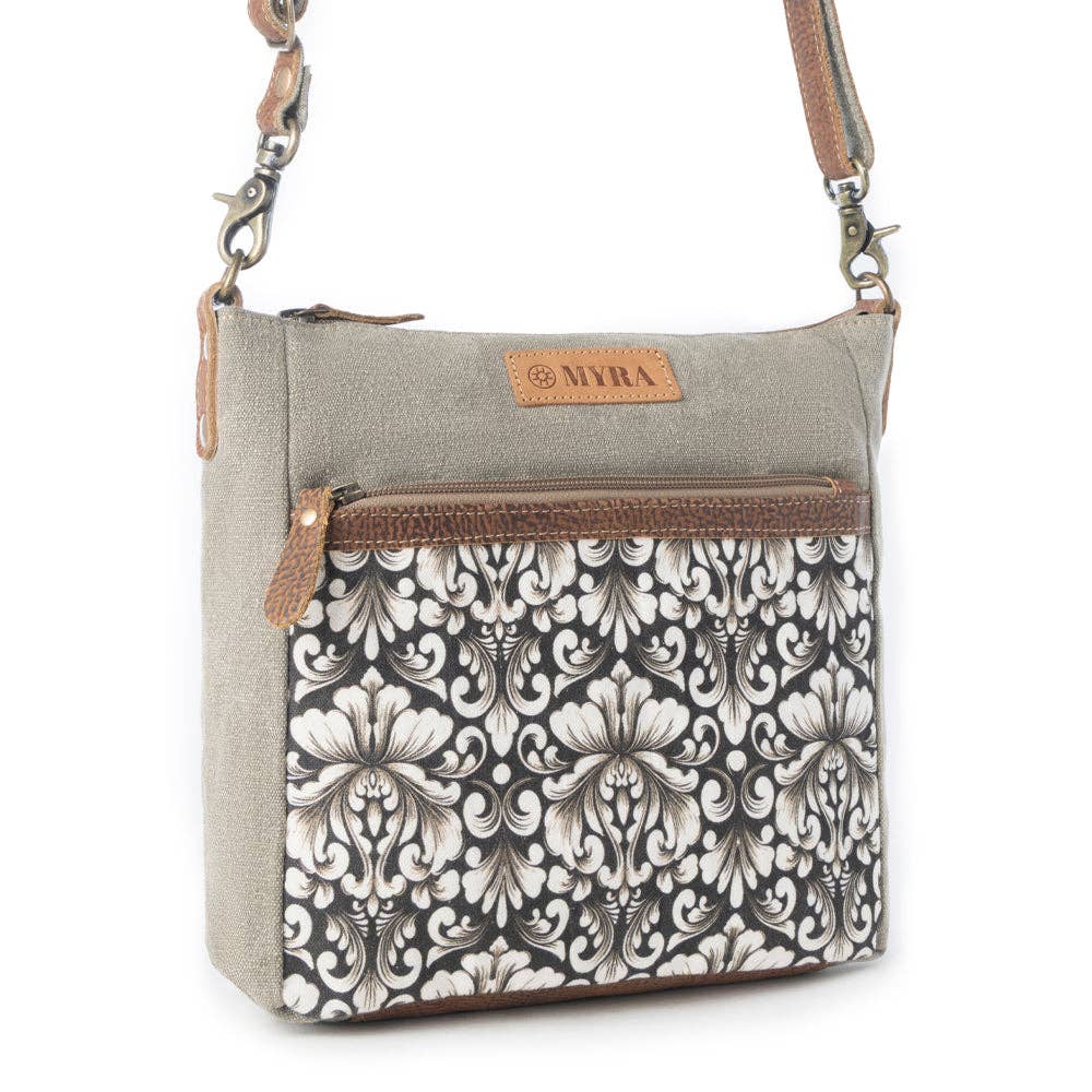 Damask Trail Vintage Crossbody Myra Bag for Women in sage with print detail