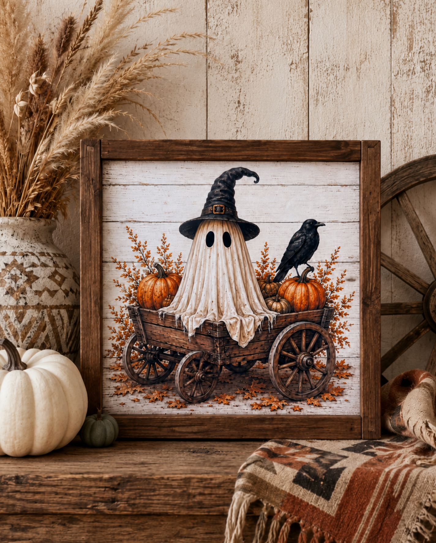 Halloween Cute spooky Ghost and Wagon Framed Fall Wood Sign