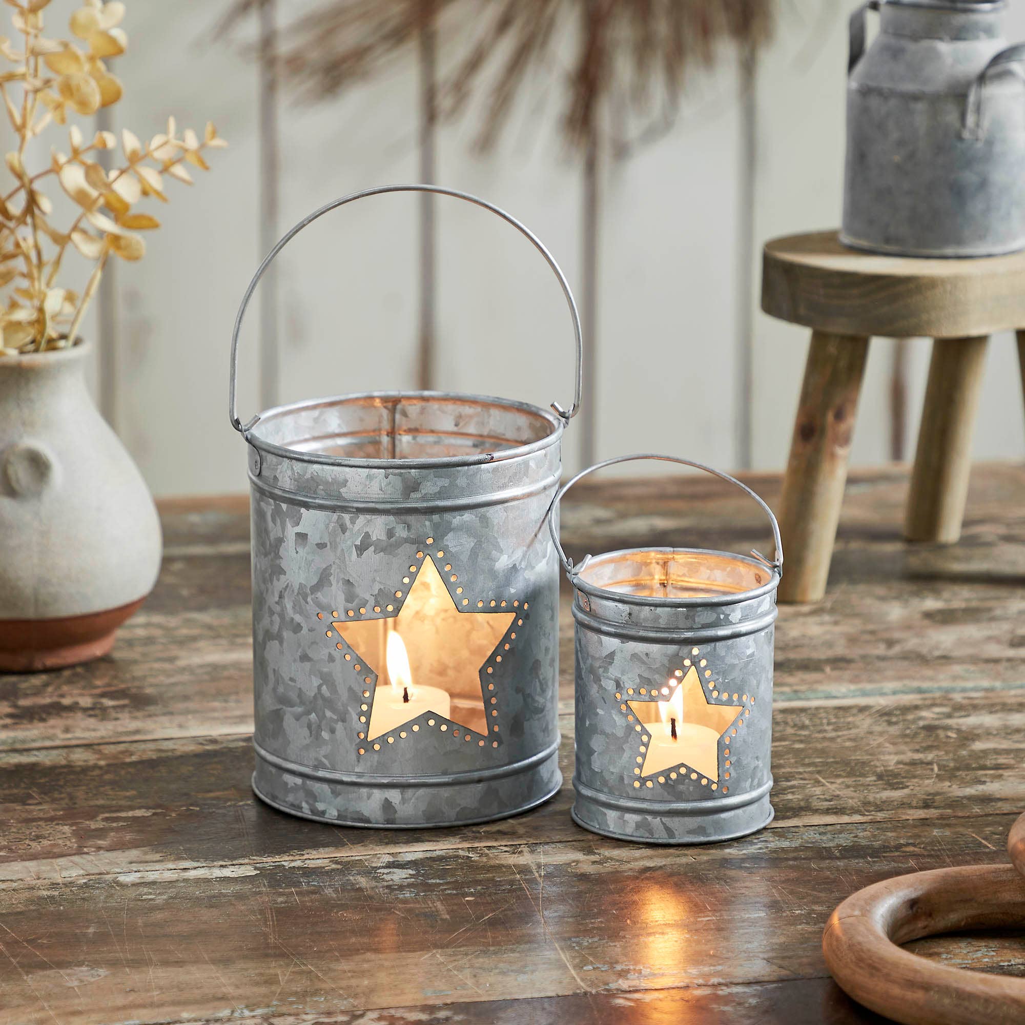 Rustic Galvanized Star Candle Pails Set of 2