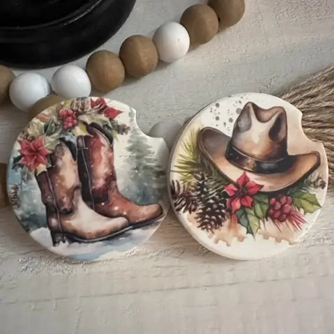 Cowboy Christmas Ceramic Car Coaster Set