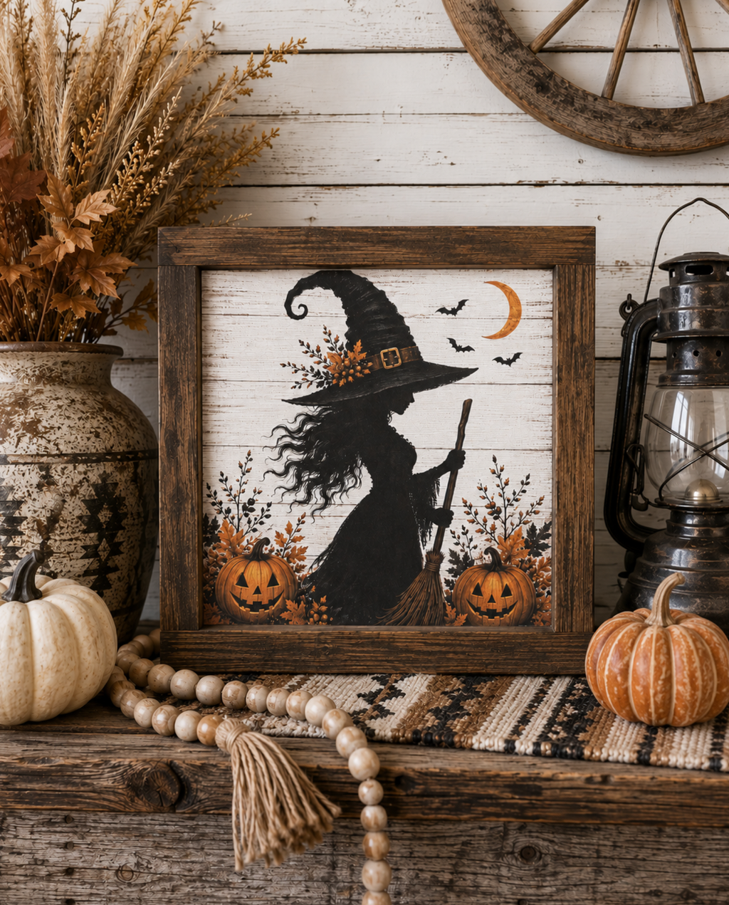 Halloween witch rustic farmhouse fall framed sign