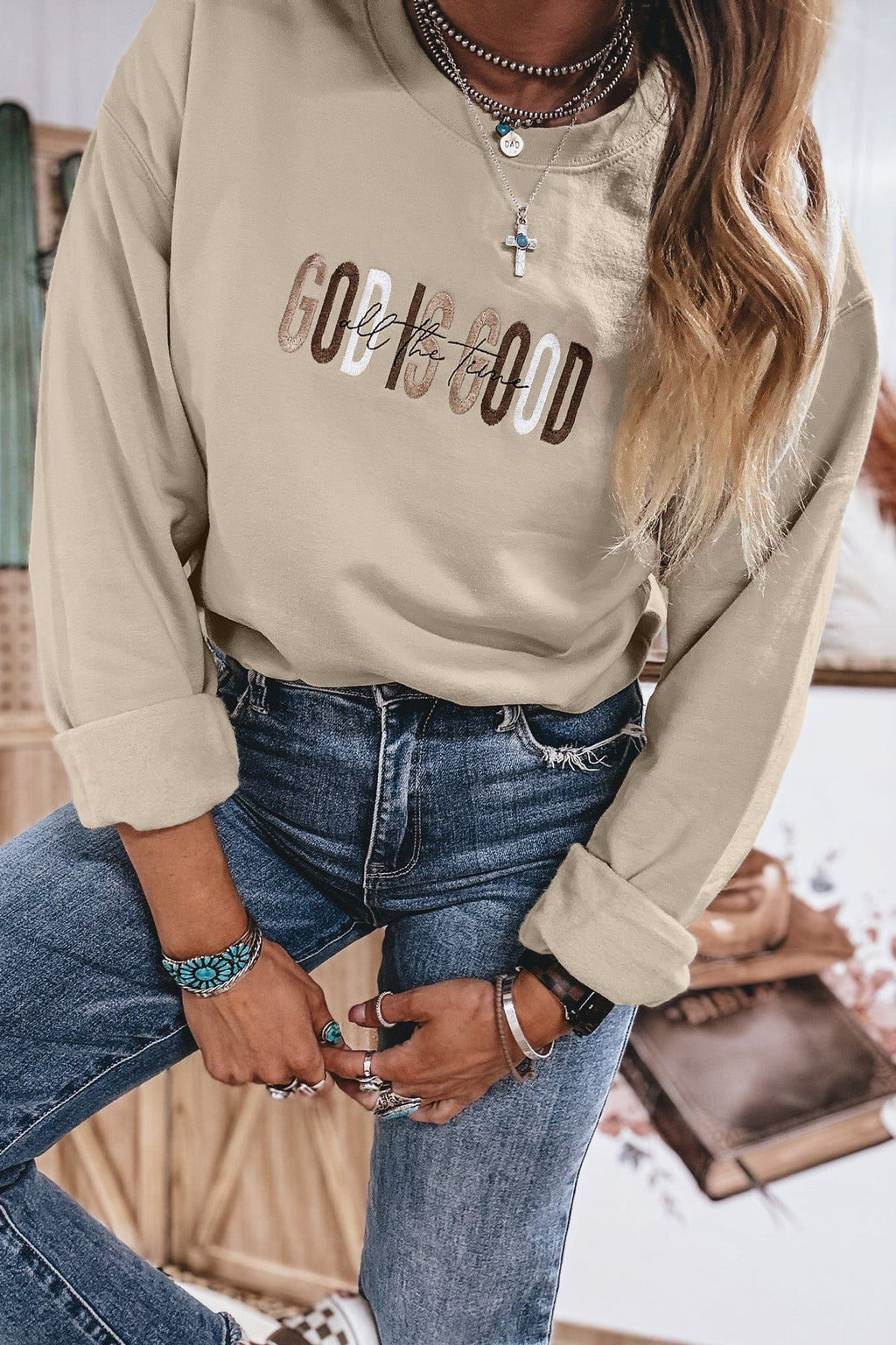 Jet Stream GOD IS GOOD Western Embroidered Letter Crewneck Pullover Sweatshirt