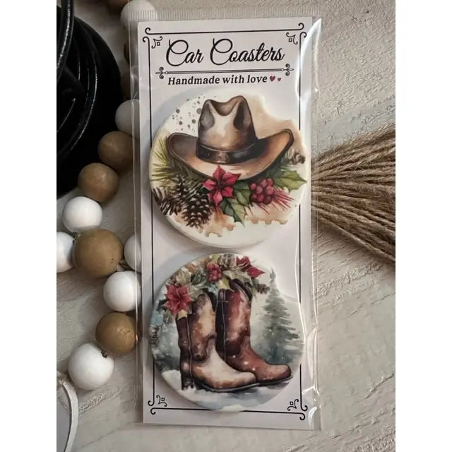 Cowboy Christmas Ceramic Car Coaster Set