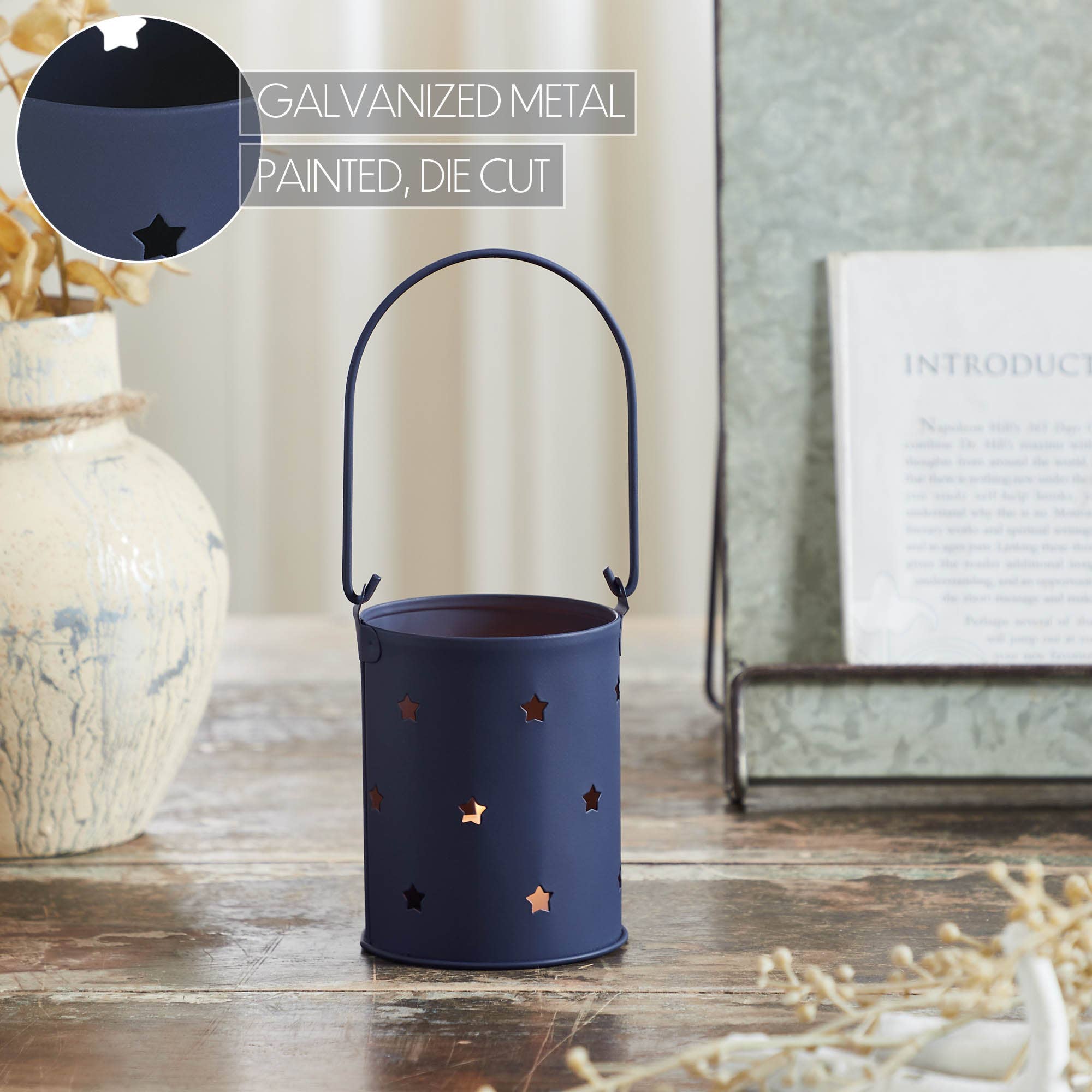 Starry Night Navy Metal Candle Holder 3.75x3x3
