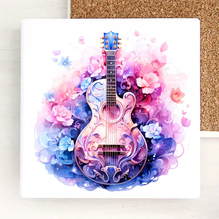 Boho Watercolor Guitar Ceramic Coaster