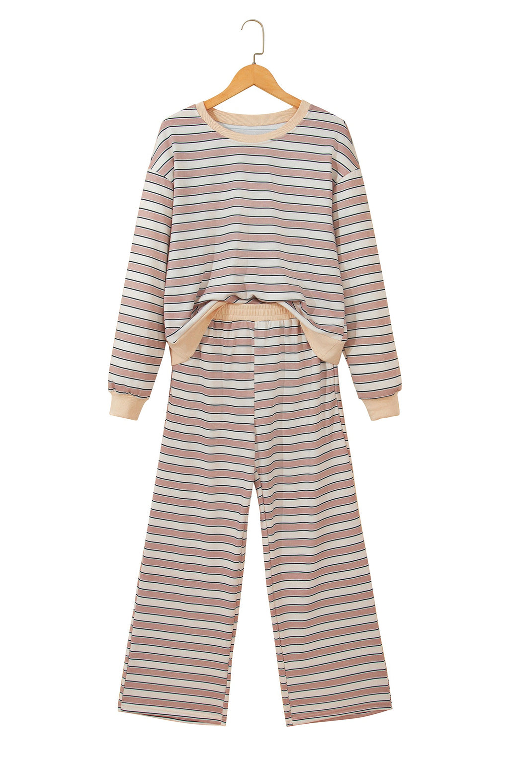 Khaki Stripe Contrast Trim Long Sleeve Top Elastic Waist Pants Set
