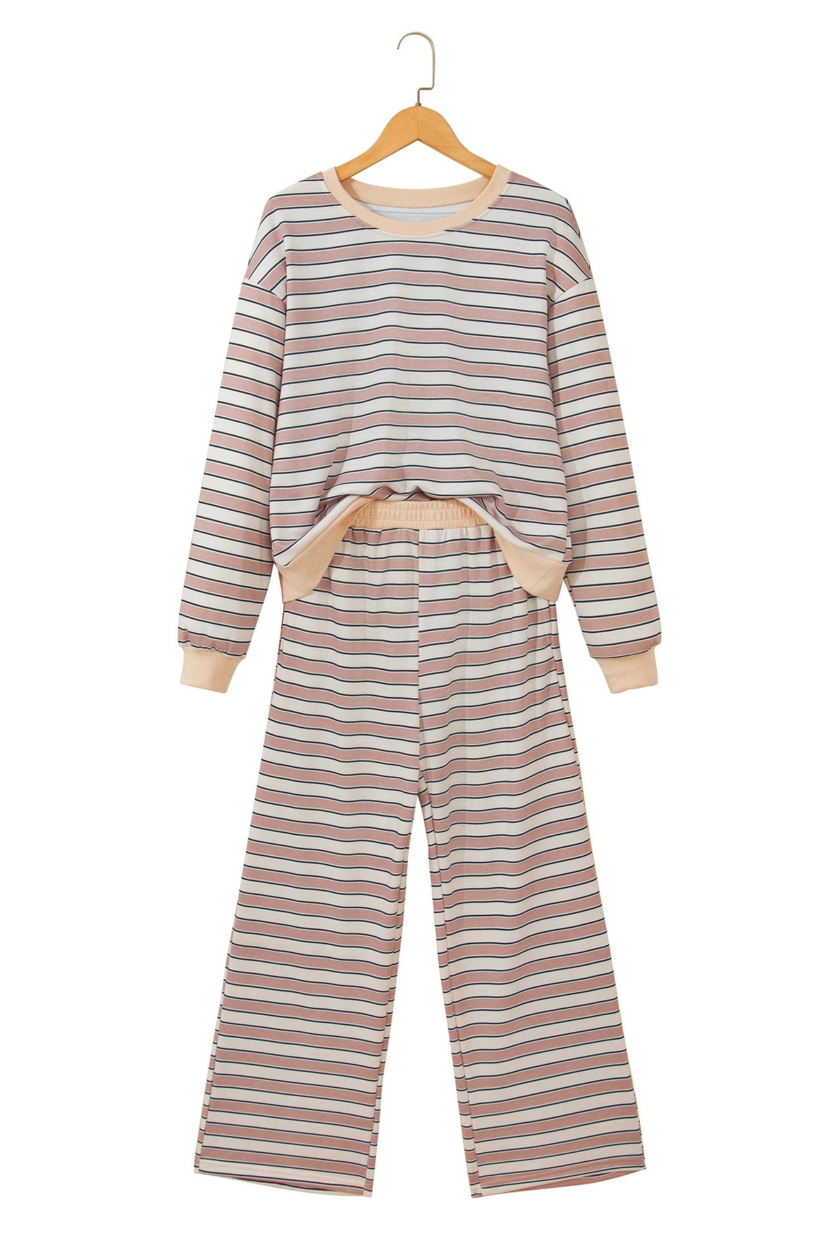 Khaki Stripe Contrast Trim Long Sleeve Top Elastic Waist Pants Set
