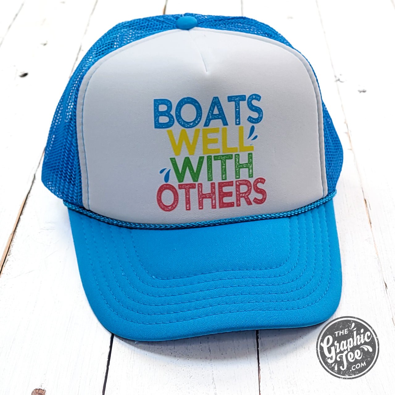 Boats Well With Others Neon Blue and White Foam Trucker Cap