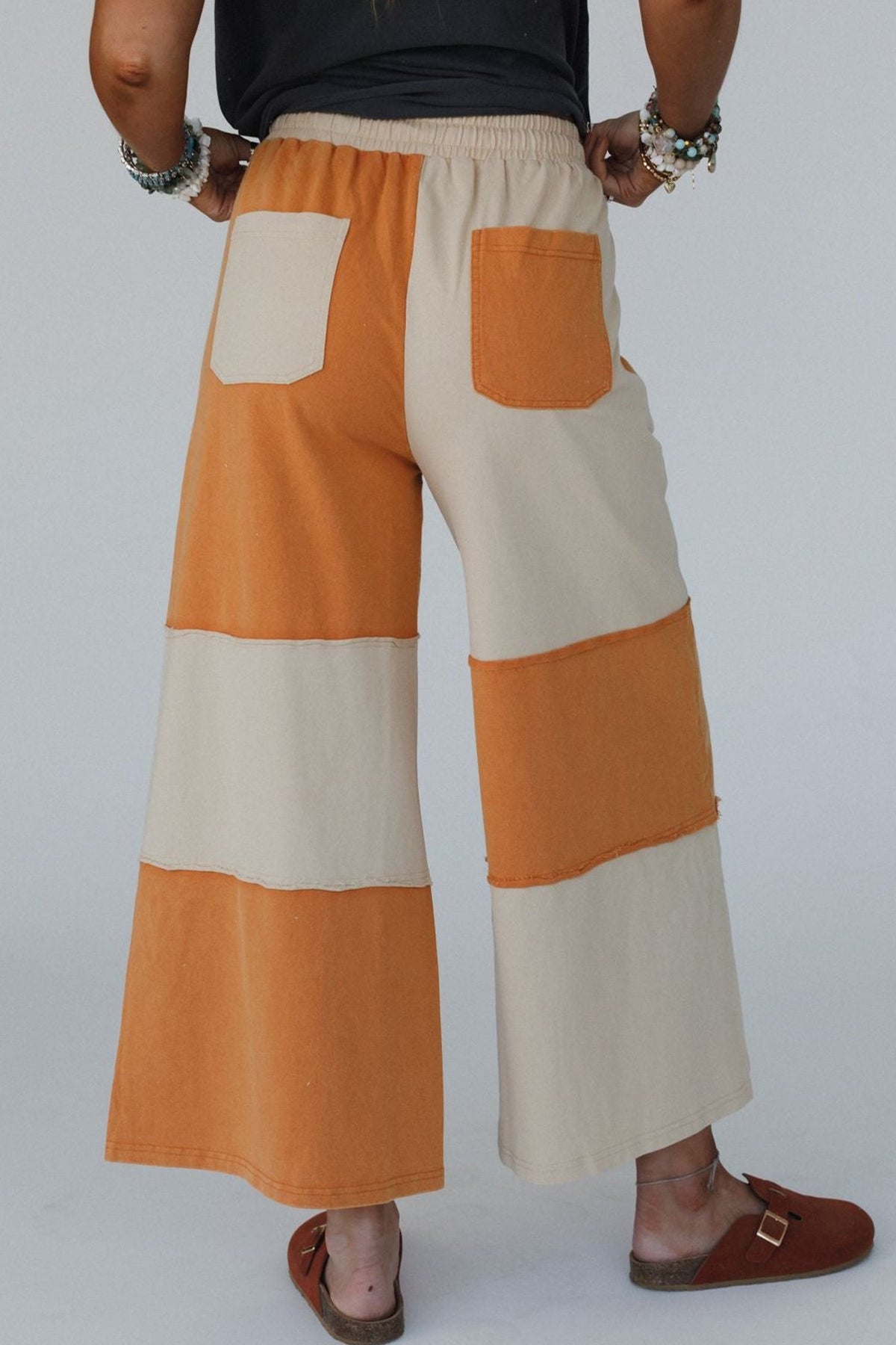 Russet Orange Raw Seam Colorblock Wide Leg Ankle Length Casual Pants