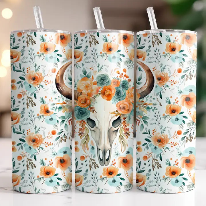 Boho Flowers & Cow Skull 20oz Skinny Tumbler