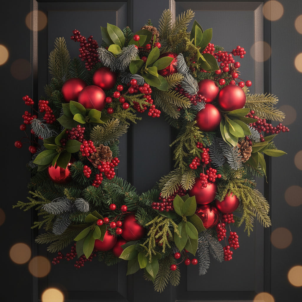 24" Red Ornament, Berry & Pinecone Wreath