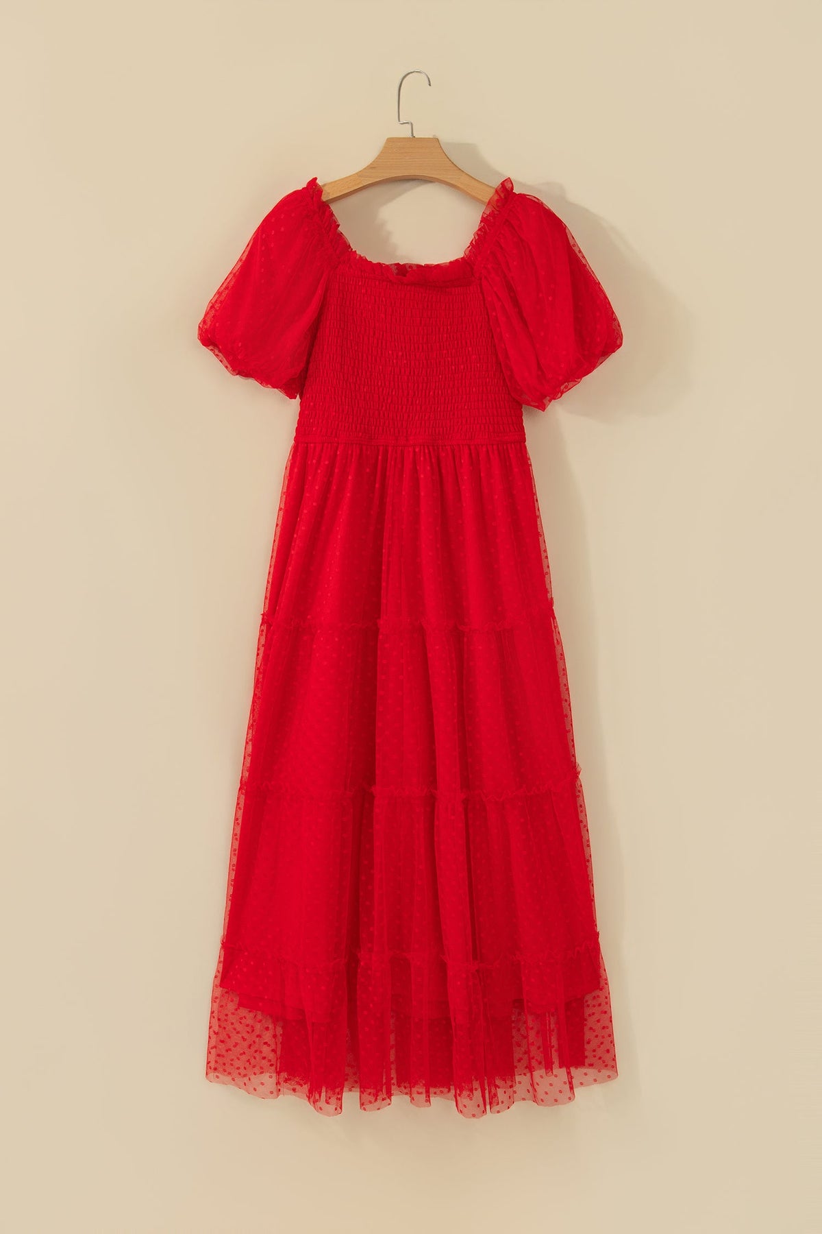 Fiery Red Tiered Tulle Smocked Bodice Puff Sleeve Dress